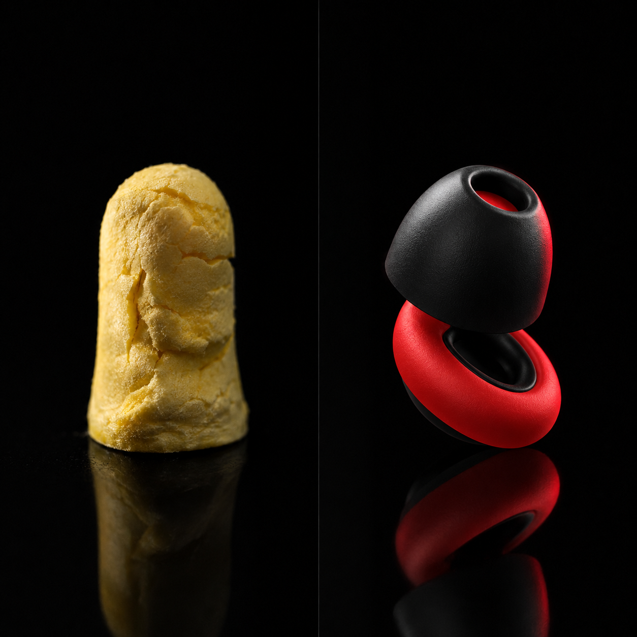 Comparativa entre un tapón de espuma amarillo y los tapones FOCUS de silicona