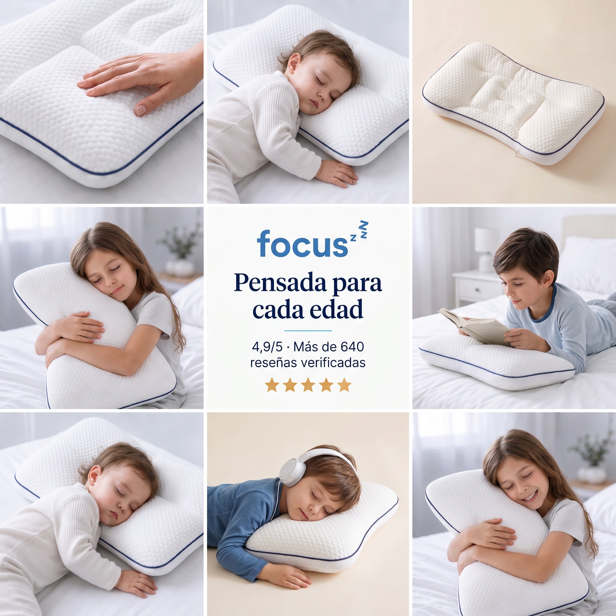 Niños distintos durmiendo con la almohada FOCUS