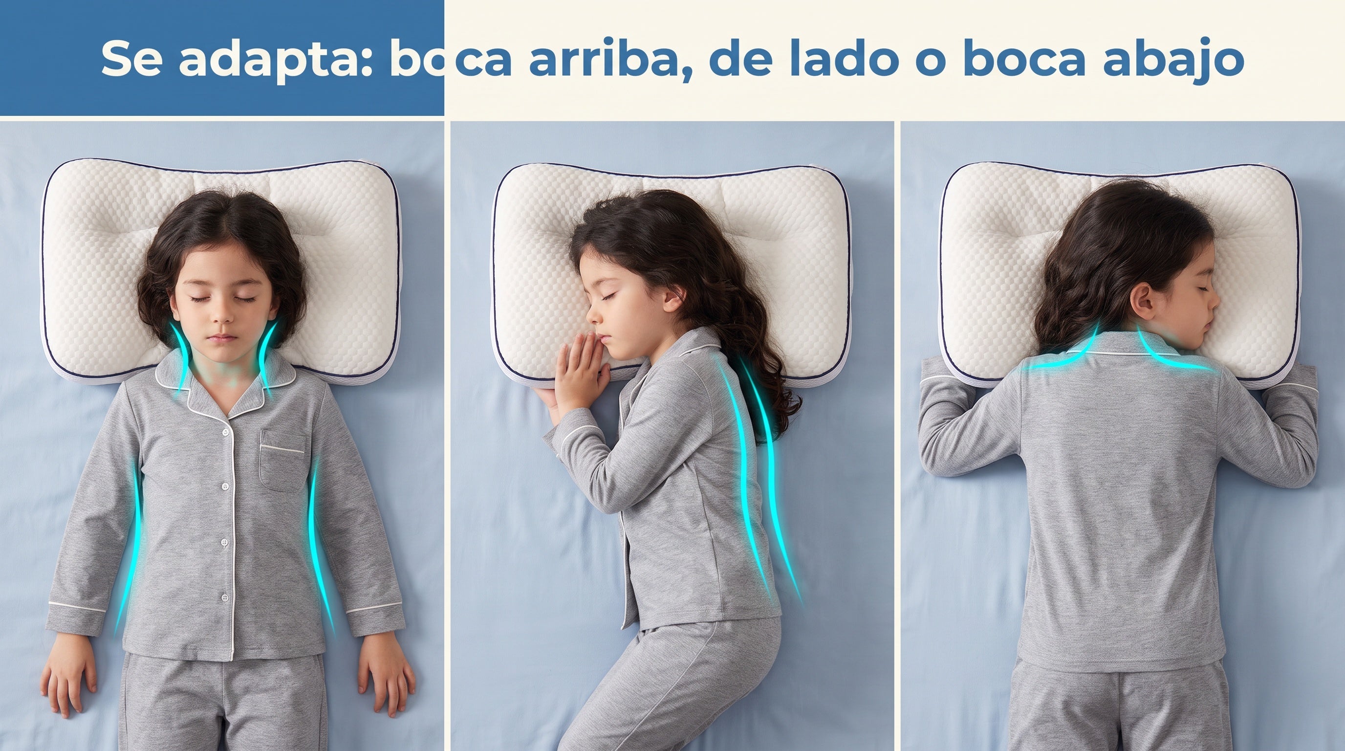 Niña durmiendo boca arriba, de lado y boca abajo sobre la almohada FOCUS