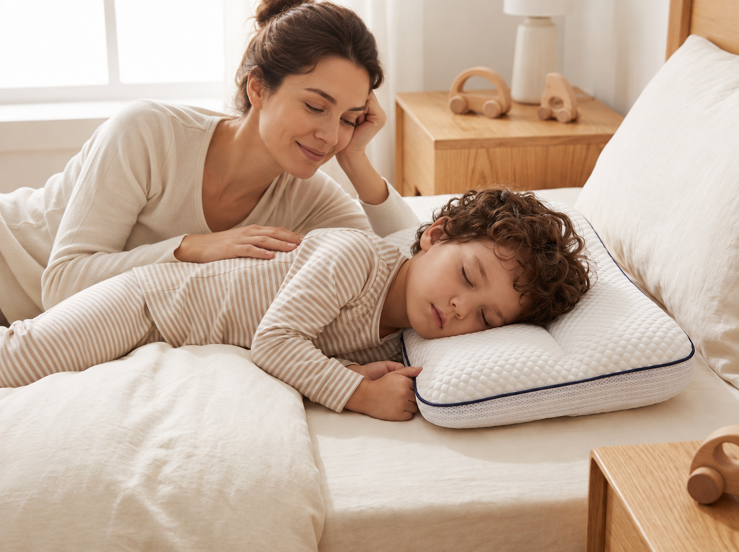 Madre mirando a su hijo dormir sobre la almohada FOCUS